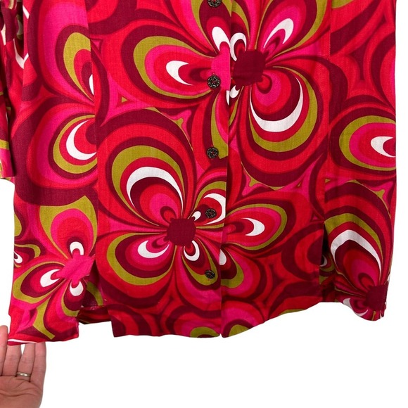 Vintage 70s Flower Power Red Mandarin Collar Half Sleeve Button Front Tunic M - Picture 5 of 5
